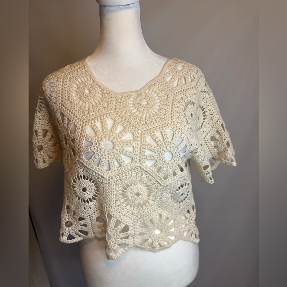 Rebellion Again cream crochet patchwork crop top, scalloped hem and sleeves